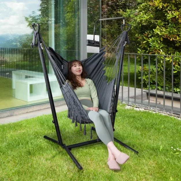Rede descanso jardim com Suporte e Porta-Telemóvel Suspensa com Altura Ajustável Almofada e Bolso Lateral 152 x 107 x 96-146 cm Cinza