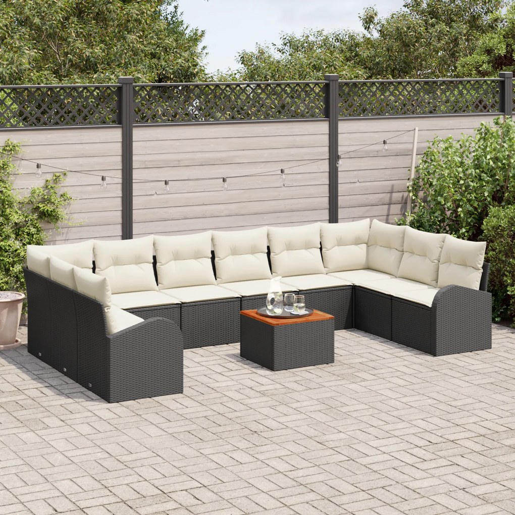 Conjunto de Sofá de Jardim com 11 Peças e Almofadas Preto Vime Acácia