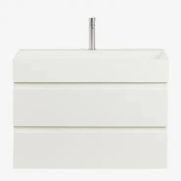 Conjunto De Móvel De Casa De Banho Suspenso Em Madeira E Folha De Freixo Com Lavatório Integrado Ona Branco & Sem Espelho & - Sklum