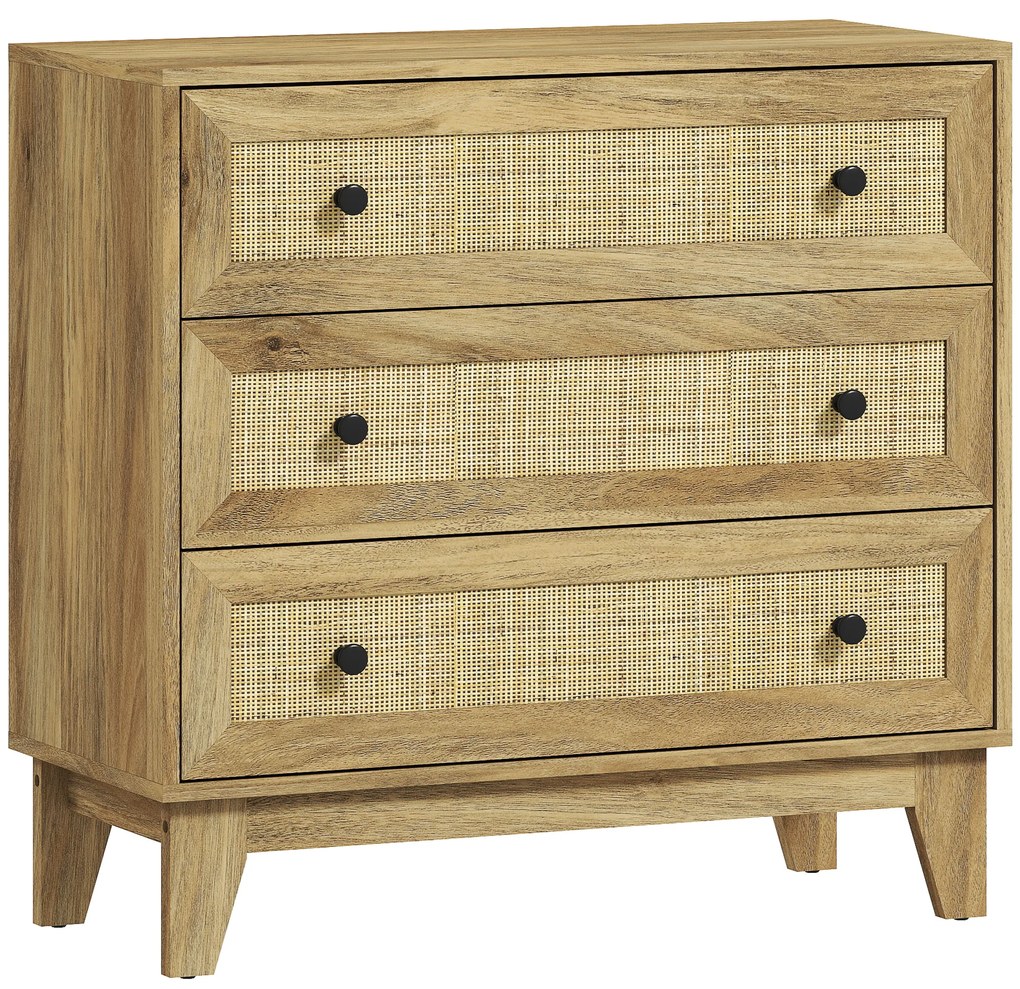 Cómoda com 3 Gavetas Cómoda de Madeira com Gavetas de Vime e Pés Elevados 80x35x76 cm Madeira