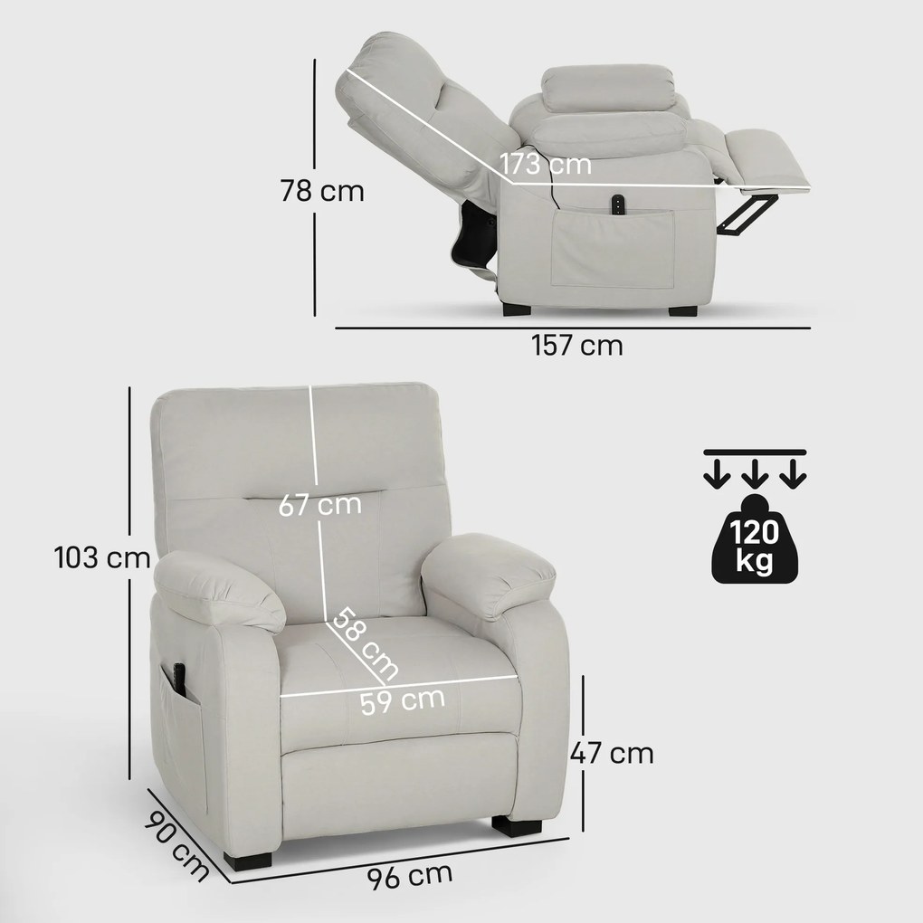 Poltrona relax elétrica, poltrona reclinável, porta USB, apoio para os pés, bolsos laterais, comando à distância, 96 x 90 x 103 cm