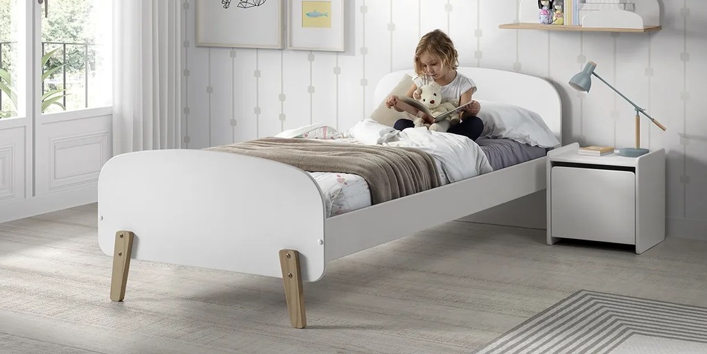 Conjunto cama infantil KIDDY (90x200) + Estrado + mesa de cabeceira Branca