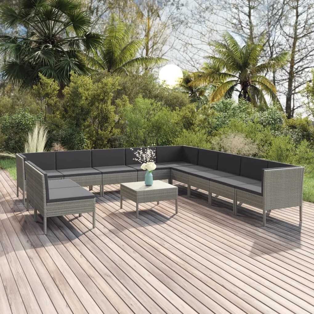 vidaXL 12 pcs conjunto lounge de jardim c/ almofadões vime PE cinzento