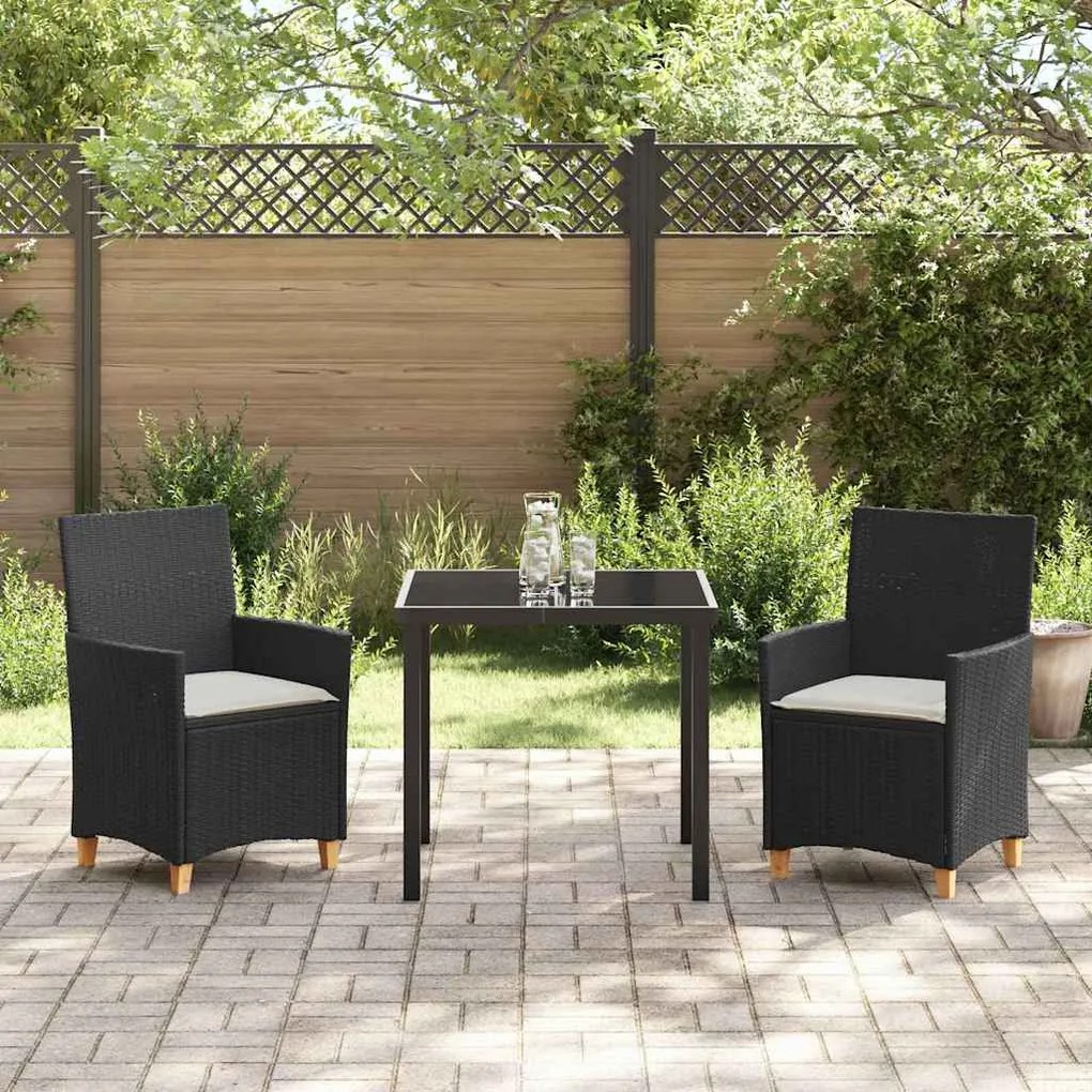 Conjunto de Jantar de Jardim de 3 Peças com Almofadas Preto em Rattan