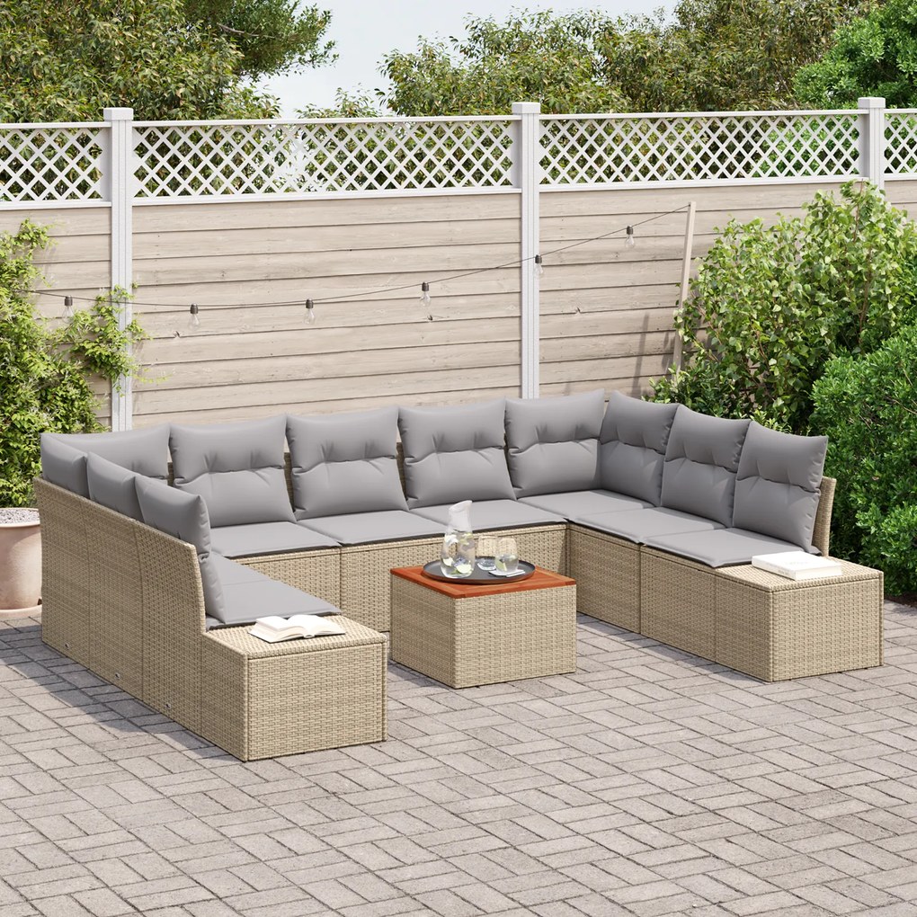 Conjunto de Sofá de Jardim de 10 Peças com Almofadas Bege Rattan Polié