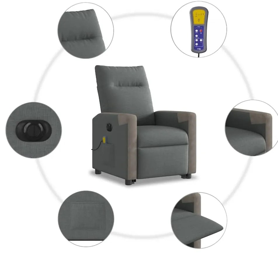 Poltrona elétrica elevatória massagens tecido cinzento-escuro