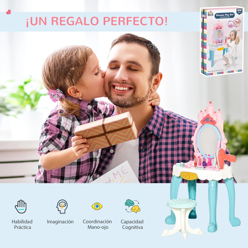 HOMCOM Toucador Infantil com Banco Espelho com Luz Música Secador e 20 Acessórios Toucador de Maquilhagem para Crianças acima de 3 Anos 41x27x82cm Multicolor