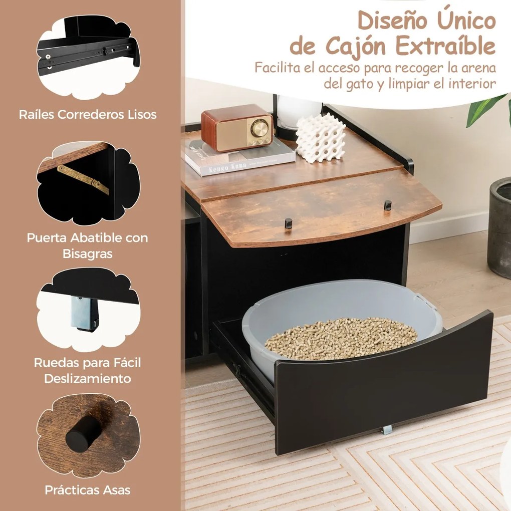 Caixa de areia para gatos com gaveta extraível, rodas e porta rebatível, mesa de cabeceira para casa de gatos 78 x 50 x 51,5 cm Preto