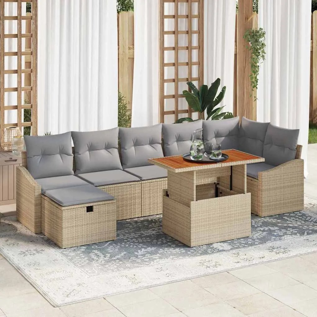 vidaXL Conjunto de Sofá de Jardim com 8 peças e almofadas bege em rattan sintético.