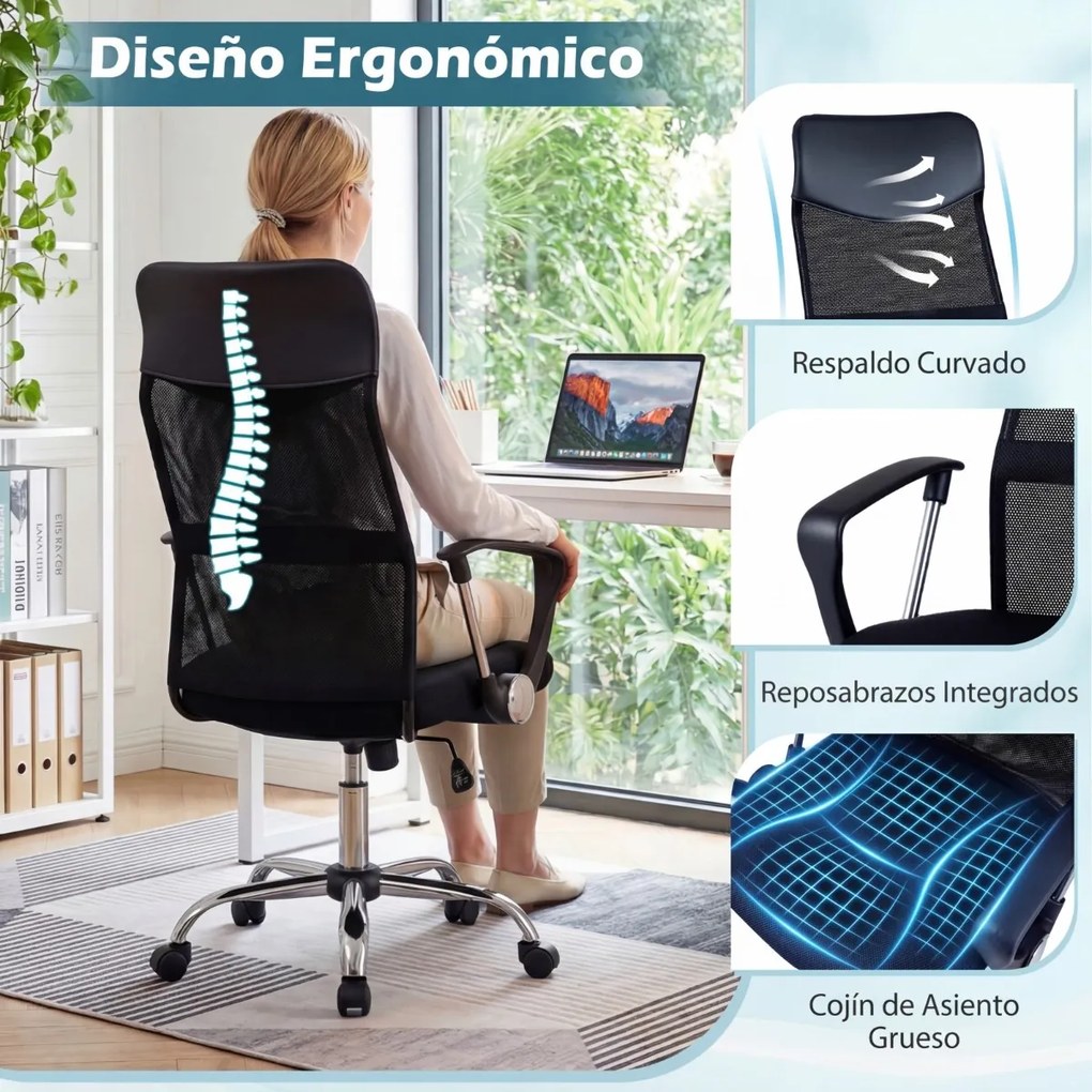 Cadeira de escritório ergonómica com rodas, altura 112-122 cm, braços, encosto em malha e couro PVC, reclinação, capacidade de 150 kg, preta