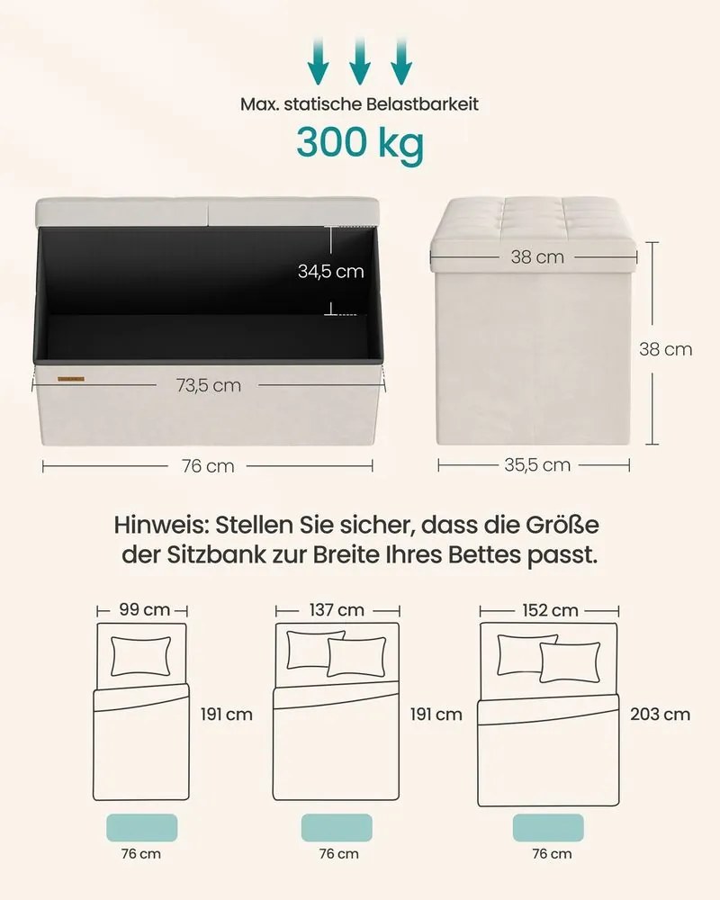 Banco com espaço de arrumação e tampa rebatível 38 x 76 x 38 cm creme