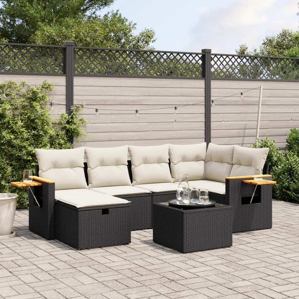 7 pcs conjunto de sofás p/ jardim c/ almofadões vime PE preto