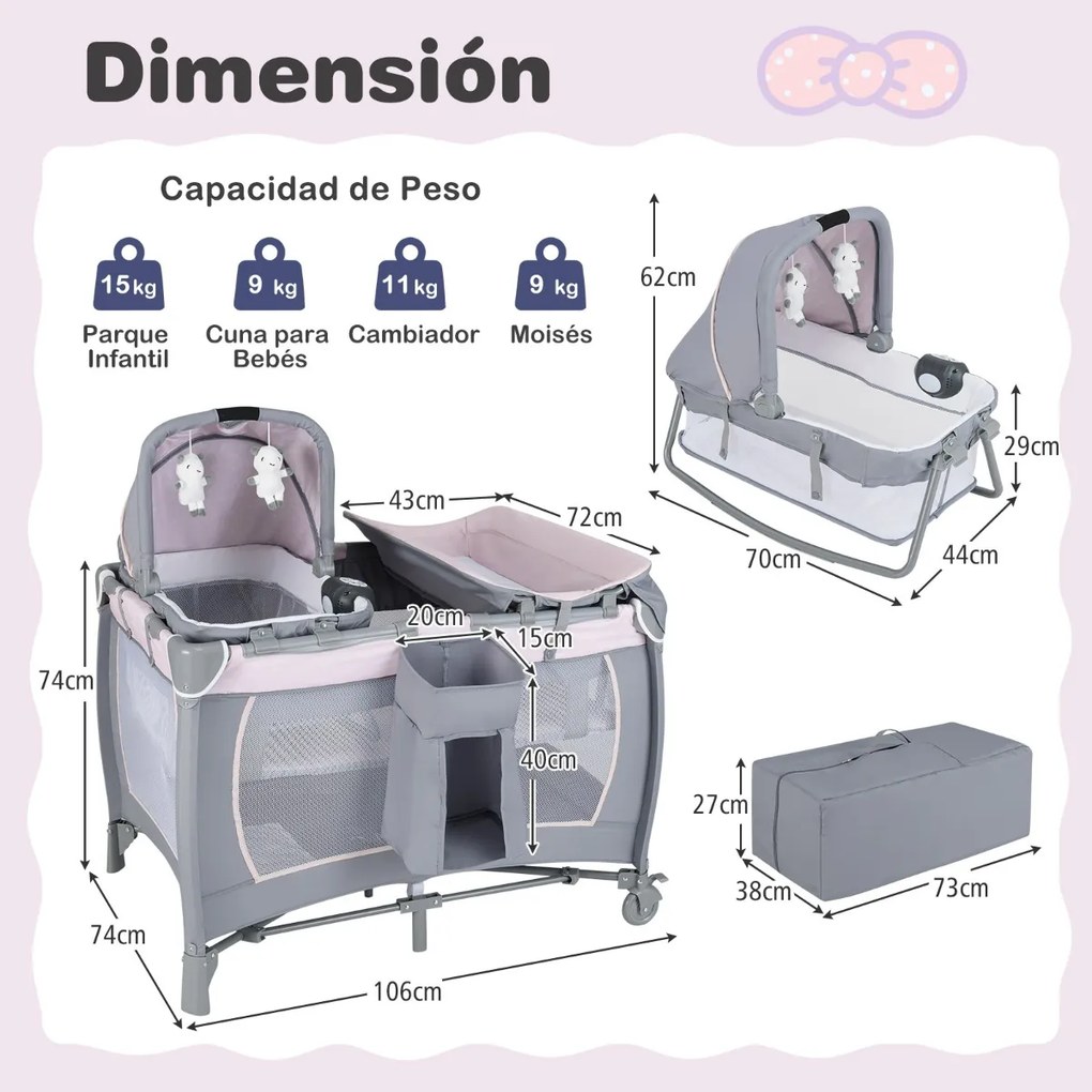 Berço dobrável e portátil 106 x 74 x 74 cm Parque infantil com berço de balanço e trocador Barra de brinquedos Caixa de música e bolsa de transporte C