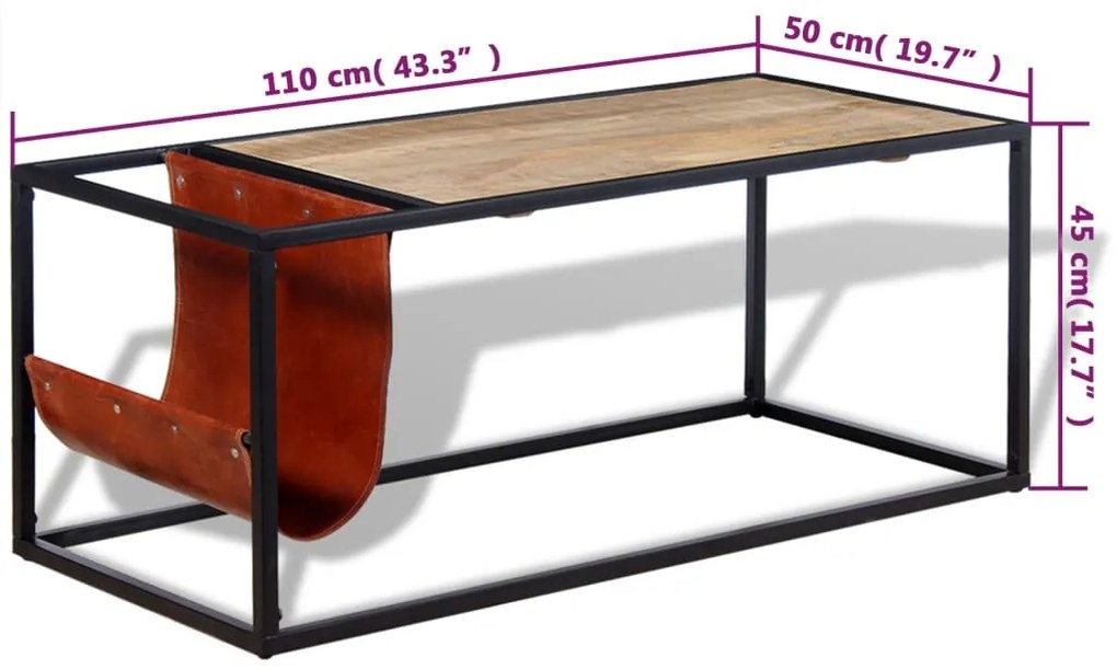 Mesa de centro c/ suporte de revistas pele genuína 110x50x45 cm