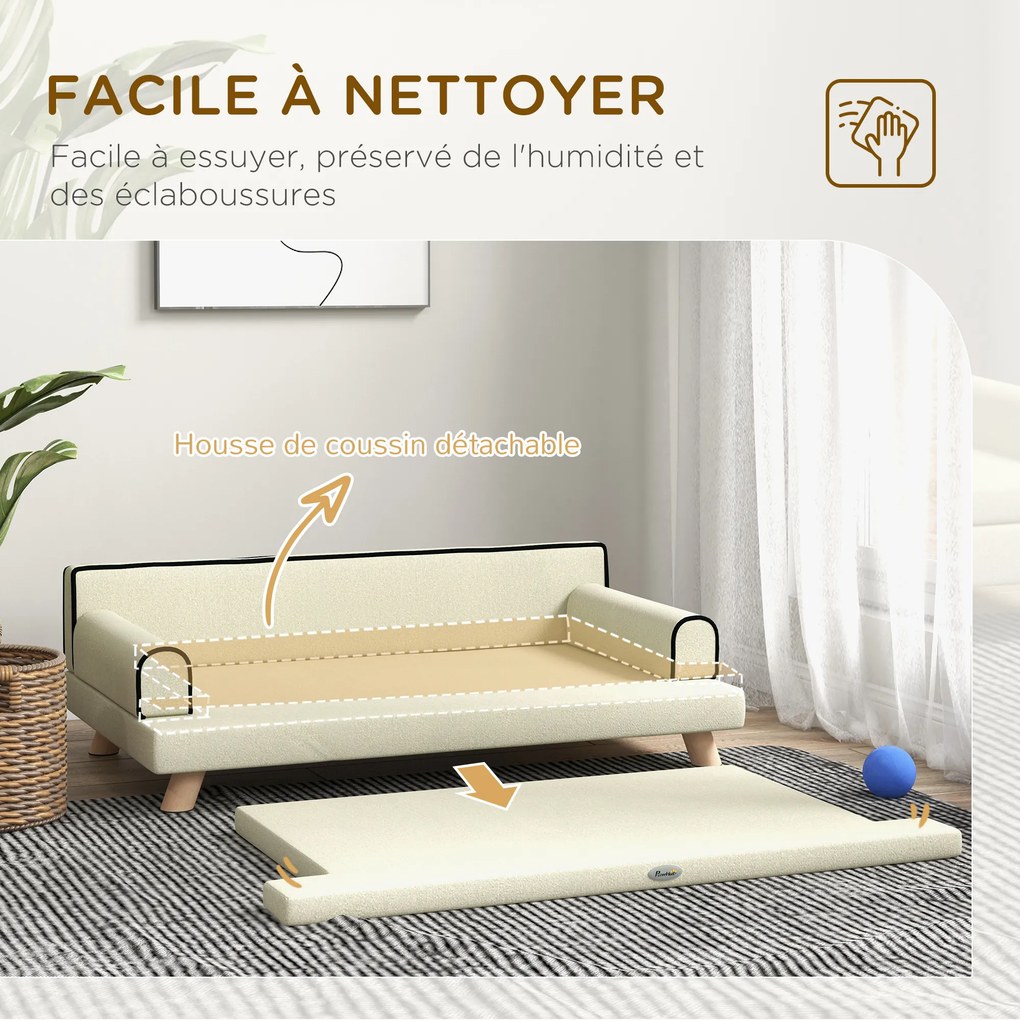 Sofá para cães e gatos com design escandinavo 100 x 62 x 32 cm, almofada macia removível e pés em madeira maciça bege