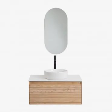 Conjunto De Móvel De Casa De Banho Suspenso Em Madeira De Freixo Tedrik Castanho Fresno & Cerâmica Redonda Branca Ø40 Cm Lenka - Sklum