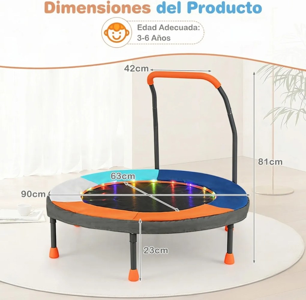 Mini-trampolim para crianças de 90 cm com luzes, dobrável, com barra de espuma e capa de segurança acolchoada multicolorida 1