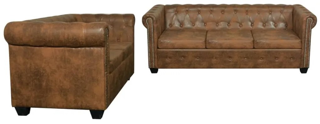 Conjunto de sofás de 2 + 3 lugares, Chesterfield, castanho