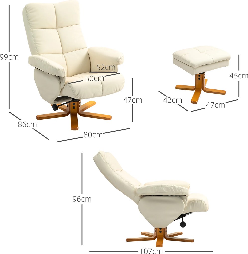 Poltrona de relaxamento com apoio para os pés, poltrona de descanso, giratória a 360°, encosto reclinável, 80 x 86 x 99 cm, creme