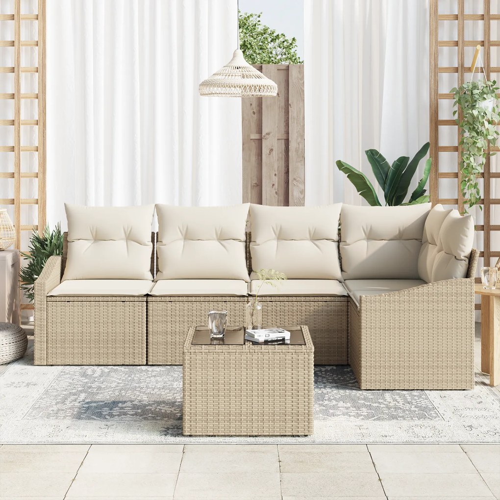 Conjunto de Jantar para Jardim 6 Peças com Almofadas Rattan Poliéster