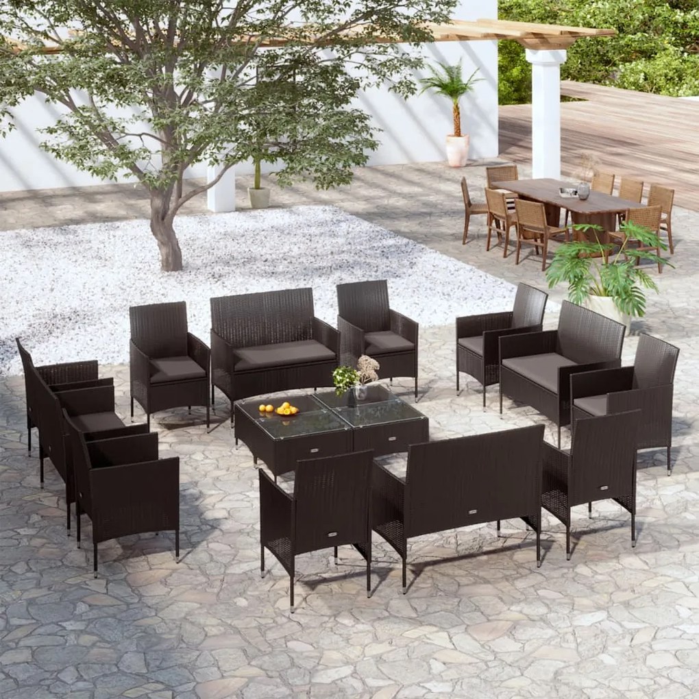 vidaXL 16 pcs conjunto lounge de jardim c/ almofadões vime PE preto