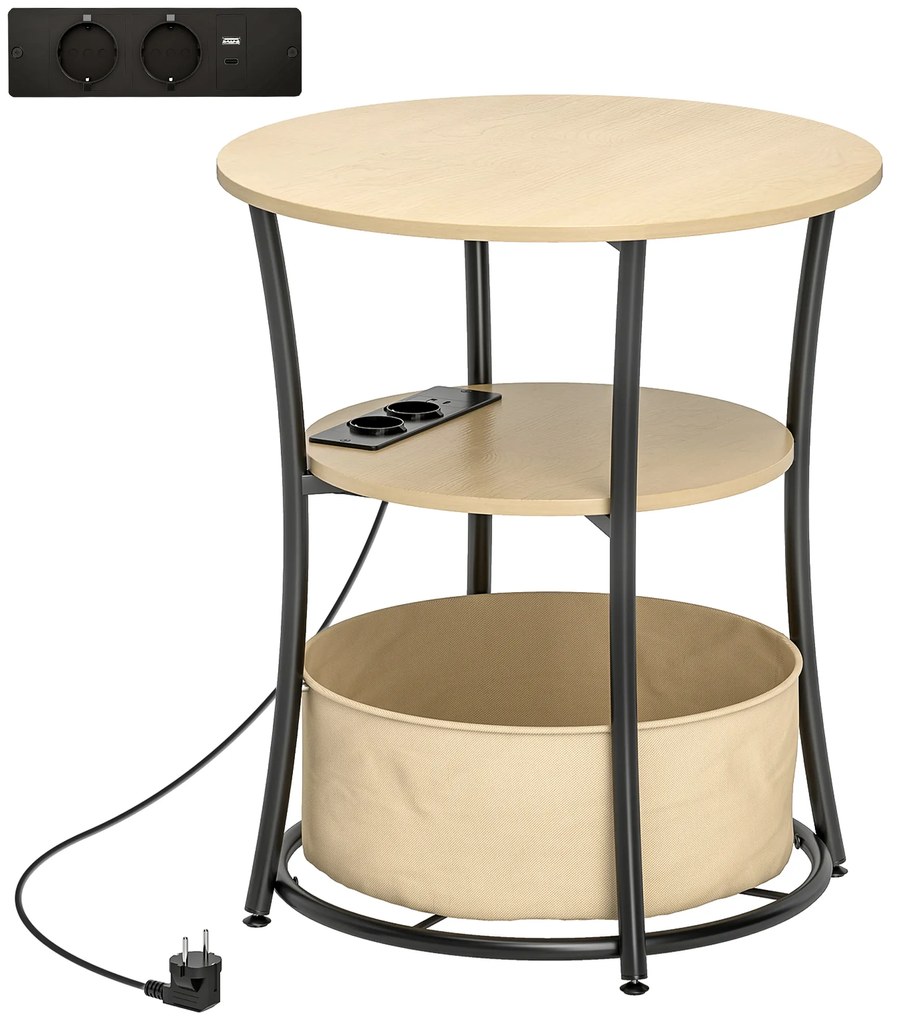 Mesa Auxiliar Redonda de 3 Níveis com Estação de Carregamento Mesa Auxiliar Industrial com 2 Prateleiras Abertas Ø50x55,1 cm Madeira e Preto