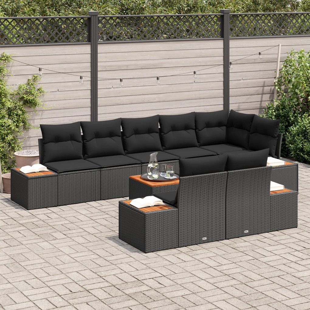 Conjunto de sofá de jardim com 9 peças e almofadas - Vime de poliéster