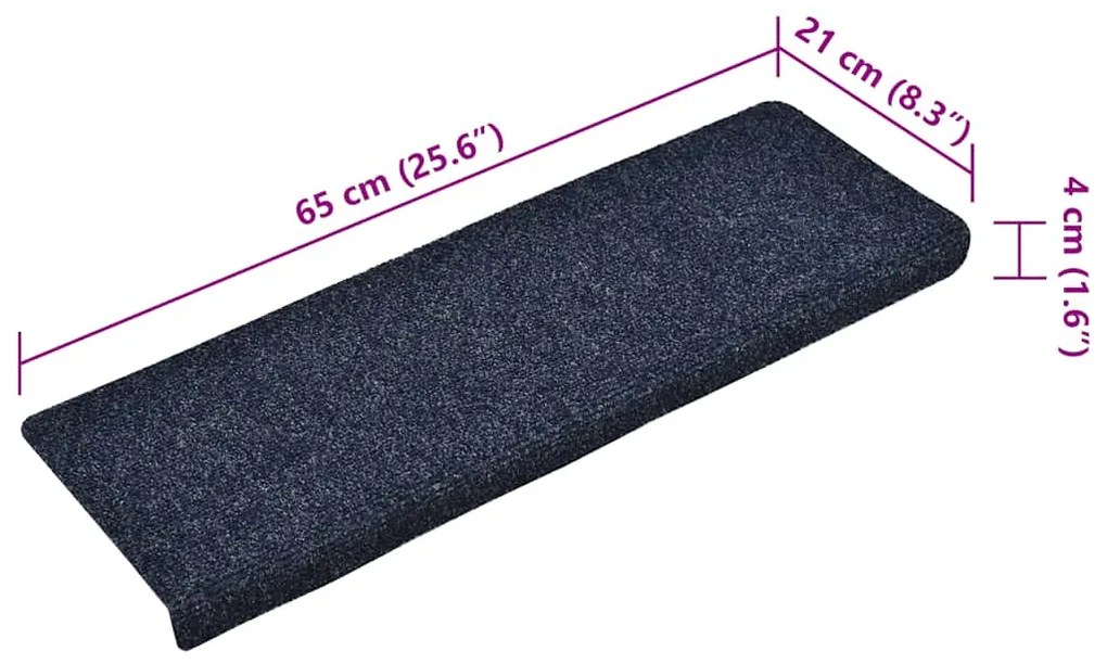 Tapetes de escada 15 pcs 65x21x4 cm tecido agulhado azul