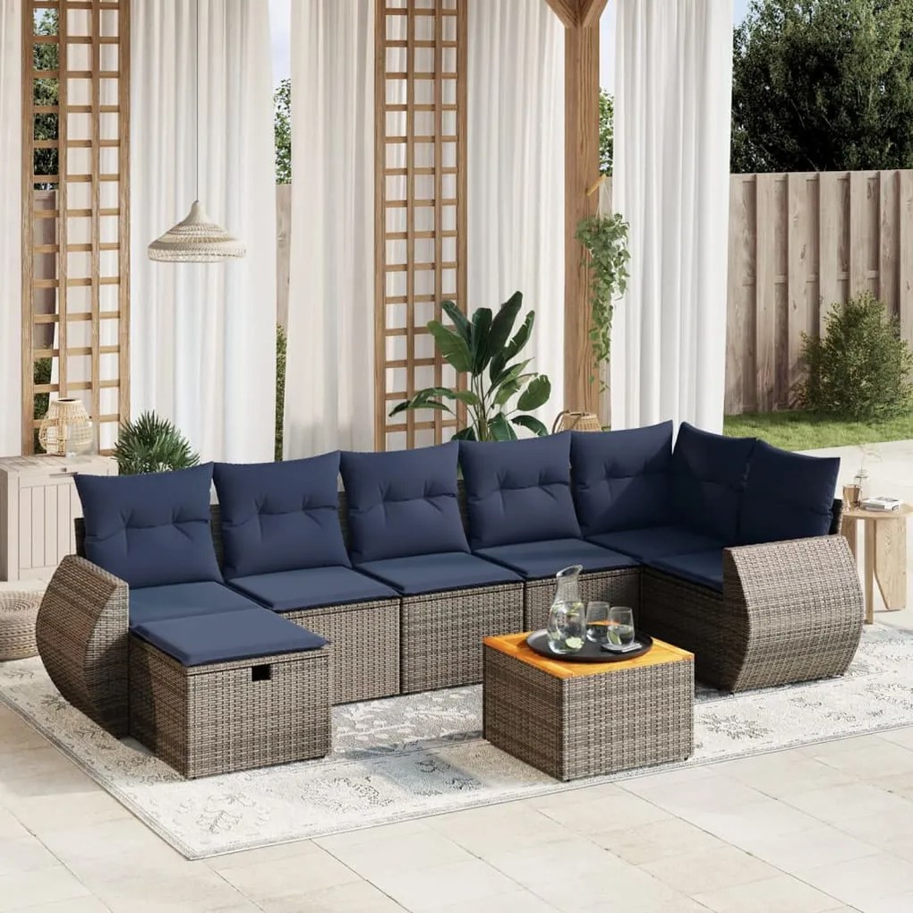 vidaXL 8 pcs conjunto sofás p/ jardim c/ almofadões vime PE cinzento