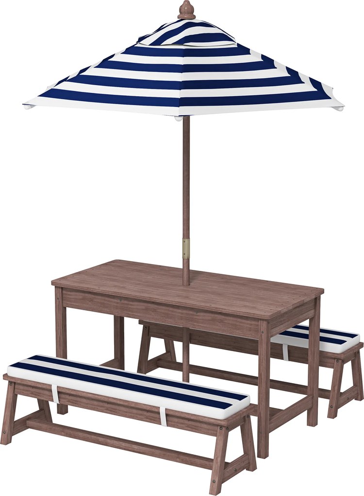 Conjunto de mobiliário de jardim para crianças, com almofadas e guarda-sol amovível, às riscas em azul-marinho e branco