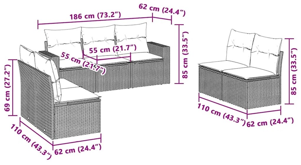 7 pcs conj. sofás jardim com almofadões vime PE cinzento-claro