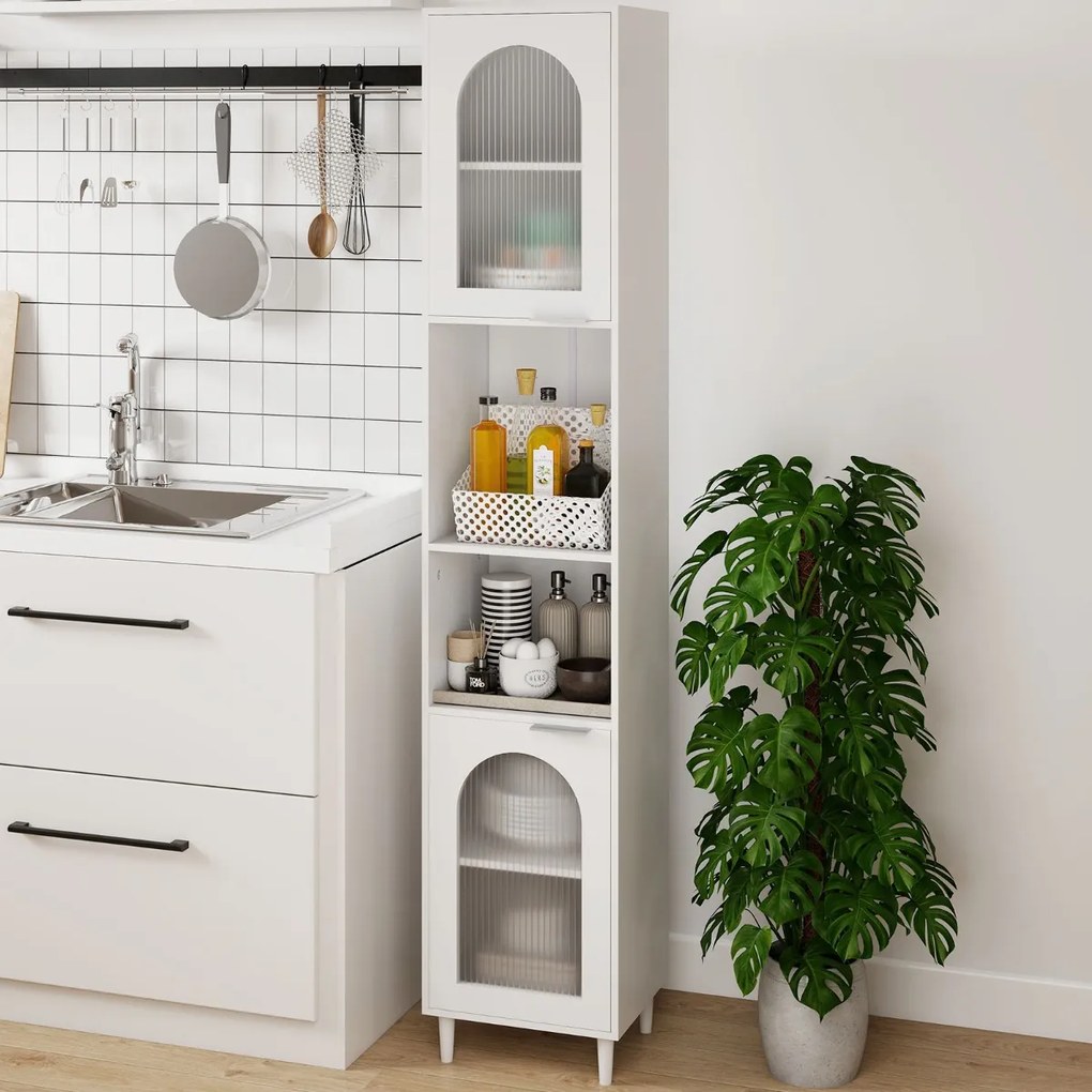 Armário alto para casa de banho e cozinha 35 x 30 x 180 cm com 2 portas de vidro canelado Armário independente fino com prateleiras ajustáveis Branco