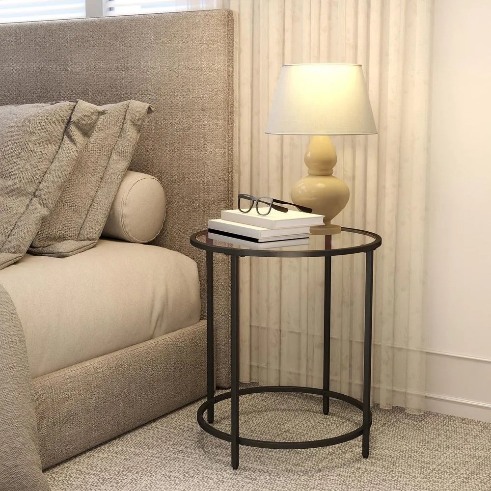 Mesa lateral redonda pequena, vidro temperado e estrutura metálica 50 x 55 cm (Ø x A) preta