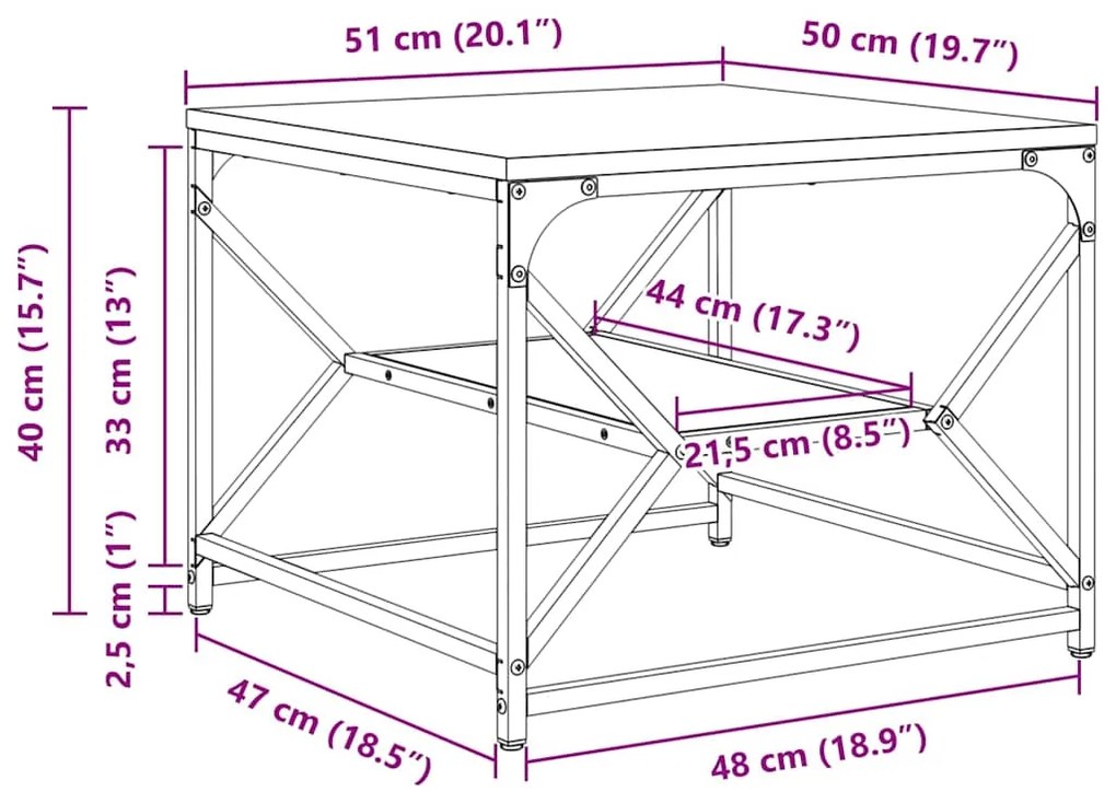 Mesa de centro vidaXL com prateleira em madeira envelhecida 51x50x40 c