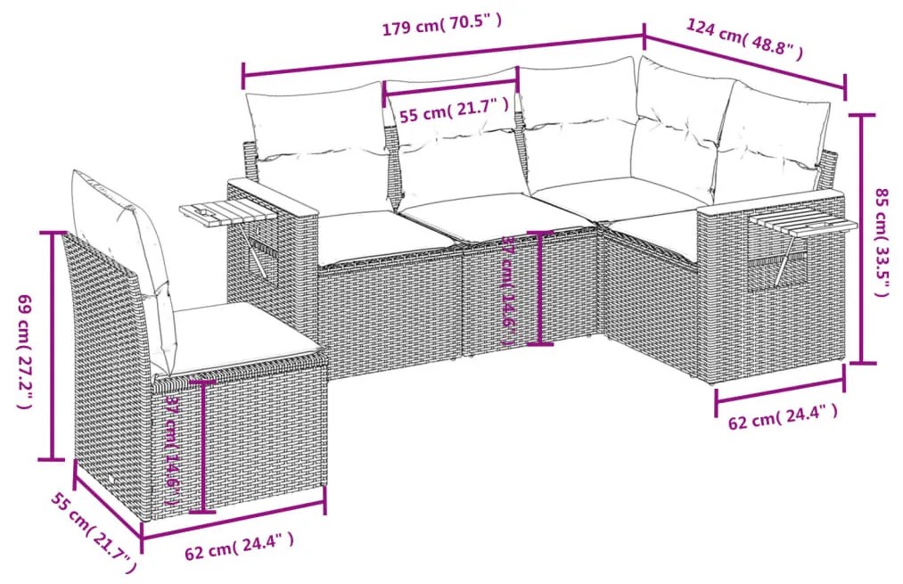 5 pcs conjunto sofás p/ jardim c/ almofadões vime PE cinzento