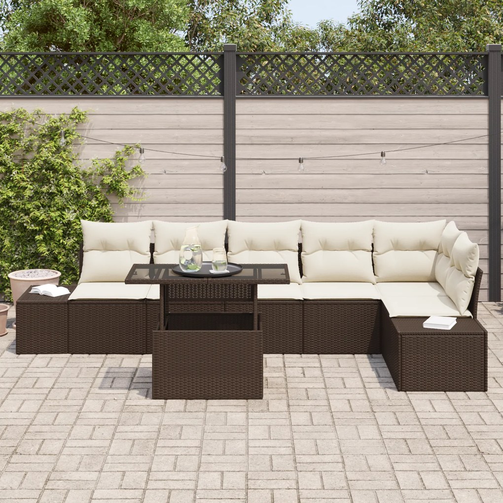 Conjunto de Sofá de Jardim de 7 Peças com Almofadas Castanho em Polyra