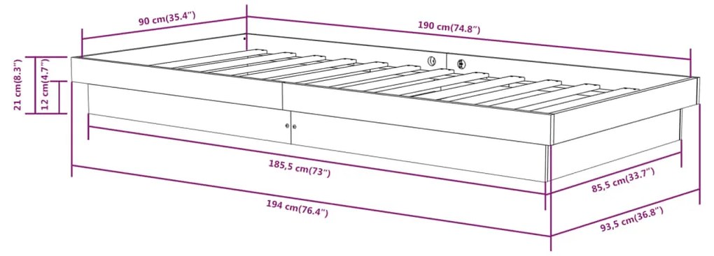 Estrutura de cama solteiro 90x190 cm madeira maciça