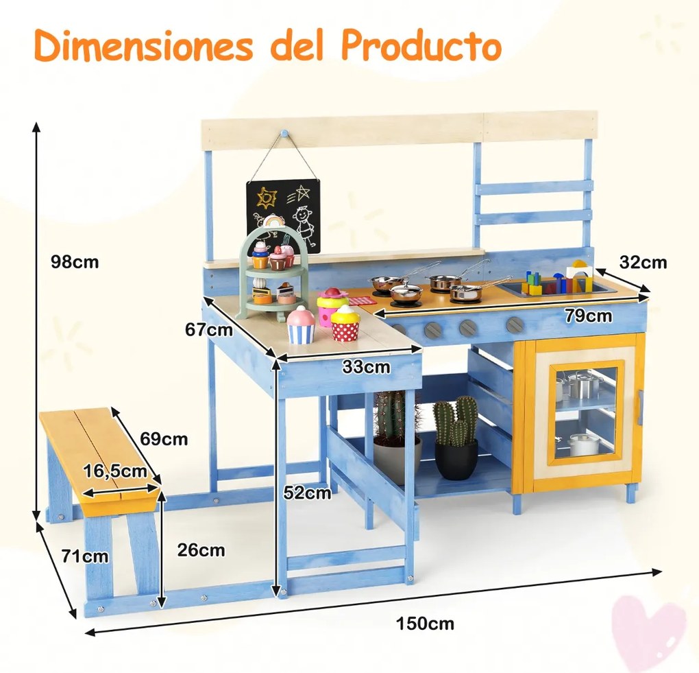 Cozinha de brincar com mesa de piquenique para crianças de madeira de abeto com banco Quadro negro Acessórios Utensílios Azul