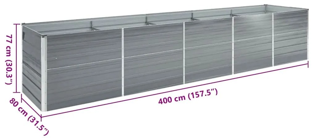 Canteiro elevado de jardim 400x80x77cm aço galvanizado cinzento