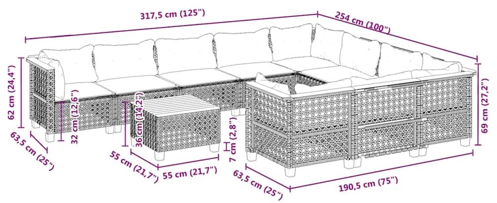 11 pcs conjunto sofás de jardim c/ almofadões vime PE bege