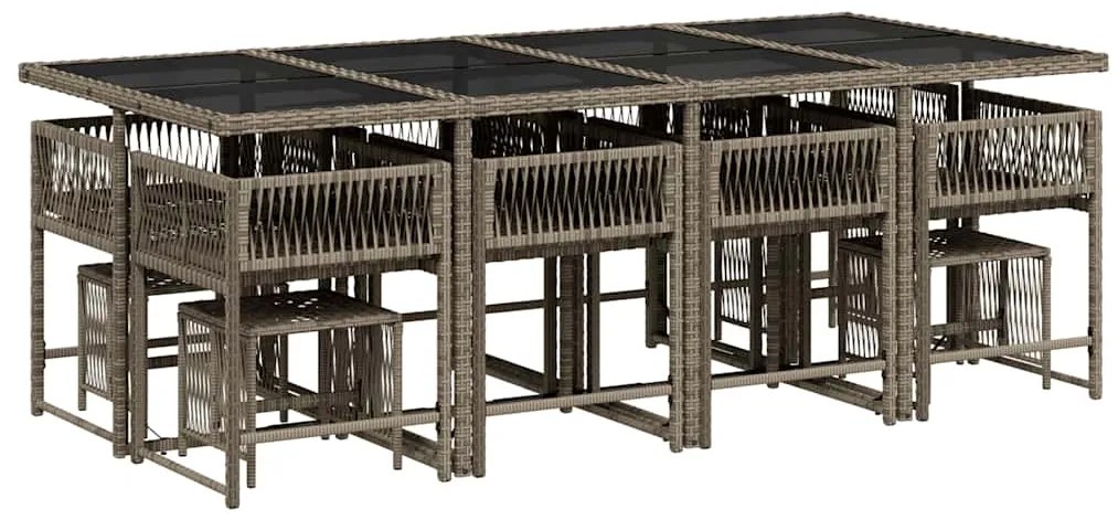 13 pcs conjunto jantar p/ jardim c/ almofadões vime PE cinzento