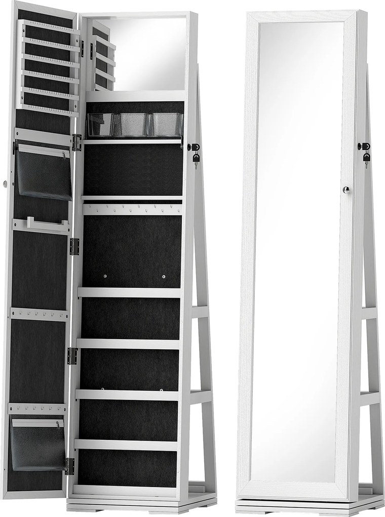 HOMCOM Armário para Jóias 360° com Fechadura e Espelho Incorporado Joalheiro de Pé Carga Máxima 20 kg 38x38x160 cm Branco | Aosom Portugal