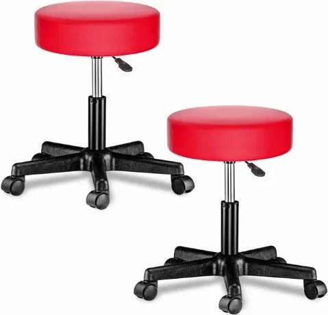 Conjunto 2 bancos trabalaho com rodas 48 x 48 x 46 - 60 cm em couro sintético vermelho