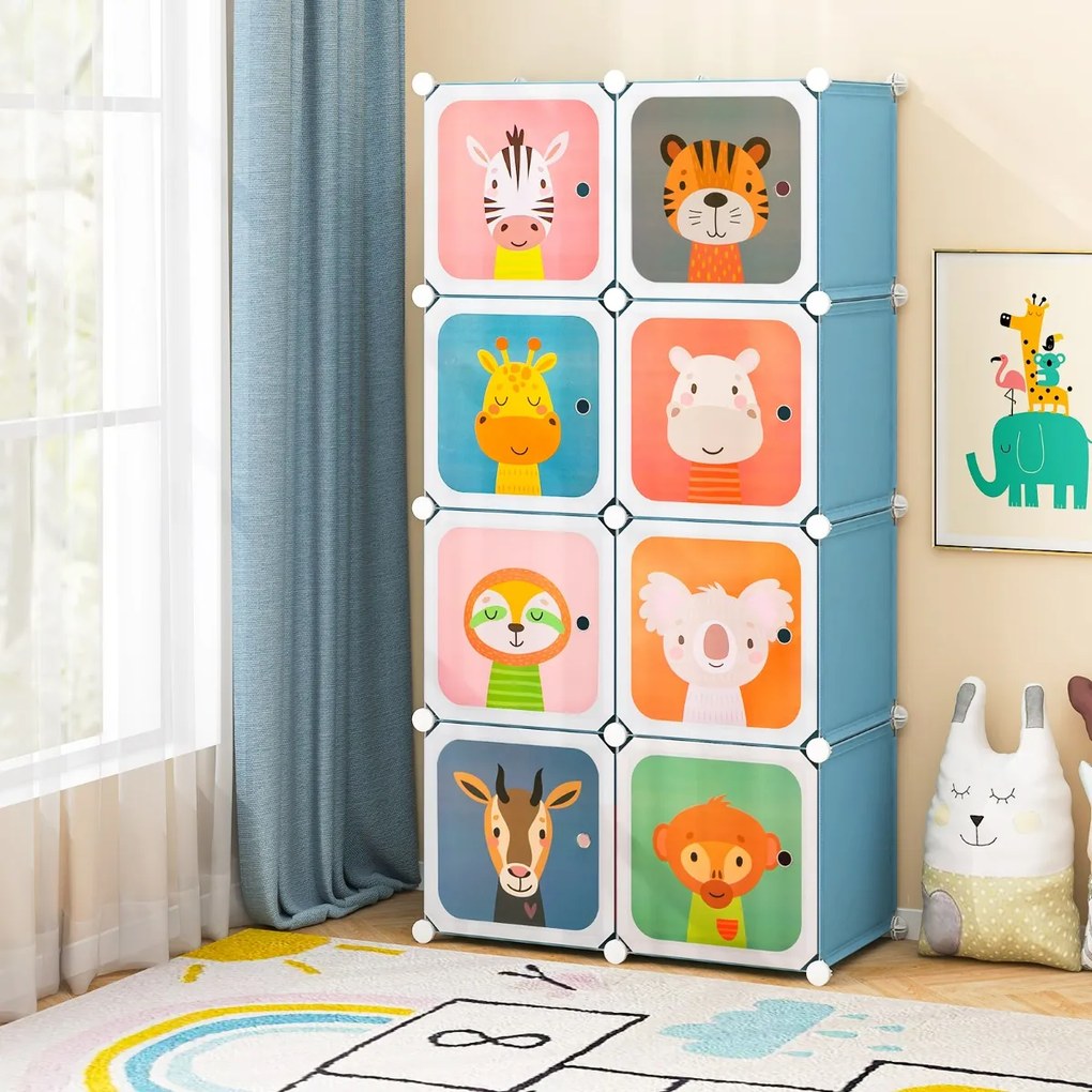 Armário infantil portátil para bebés 75 x 37 x 145 cm Plastico com 8 cubos e secção para pendurar roupas azul