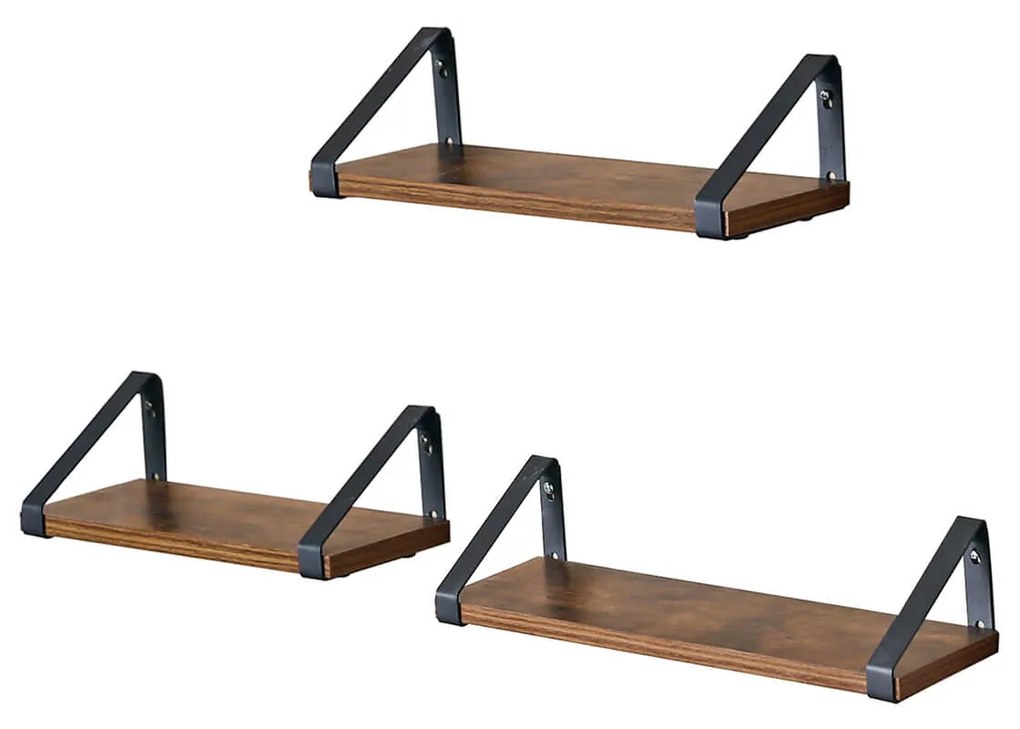 Conjunto de 3 prateleiras de parede de aspeto industrial Castanho Vintage-preto