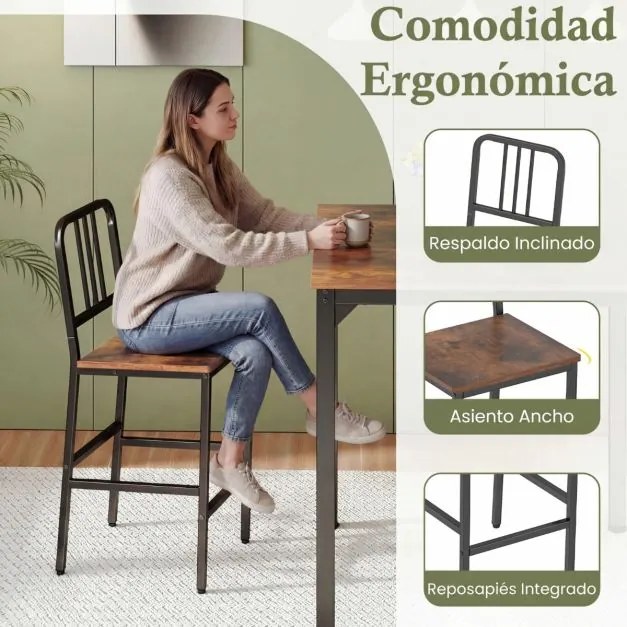 Conjunto de mesa de jantar alta e 4 bancos para 4 pessoas com estrutura metálica, mesa quadrada de estilo industrial Castanho Rústico e Preto