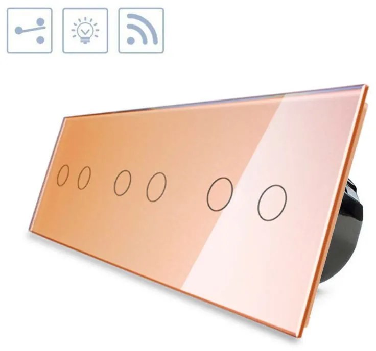 Comutador/interruptor tátil 6 botões + função controlo remoto, Painel frente dourado vidro temperado