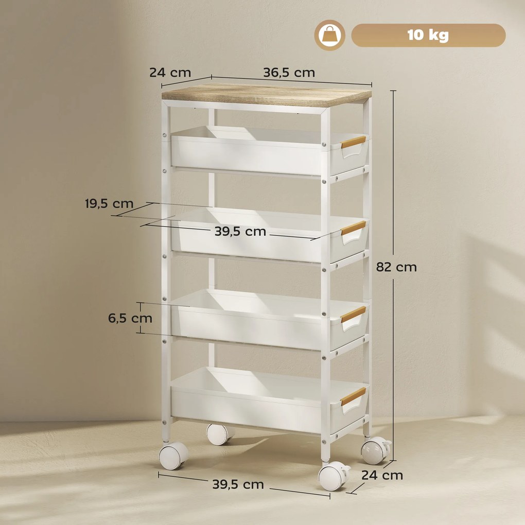Carrinho de arrumação com Rodas  39,5 cm (L) x 24 cm (P) x 82 cm (A), 5 níveis, com 4 gavetas deslizantes e prateleira de arrumação, branco