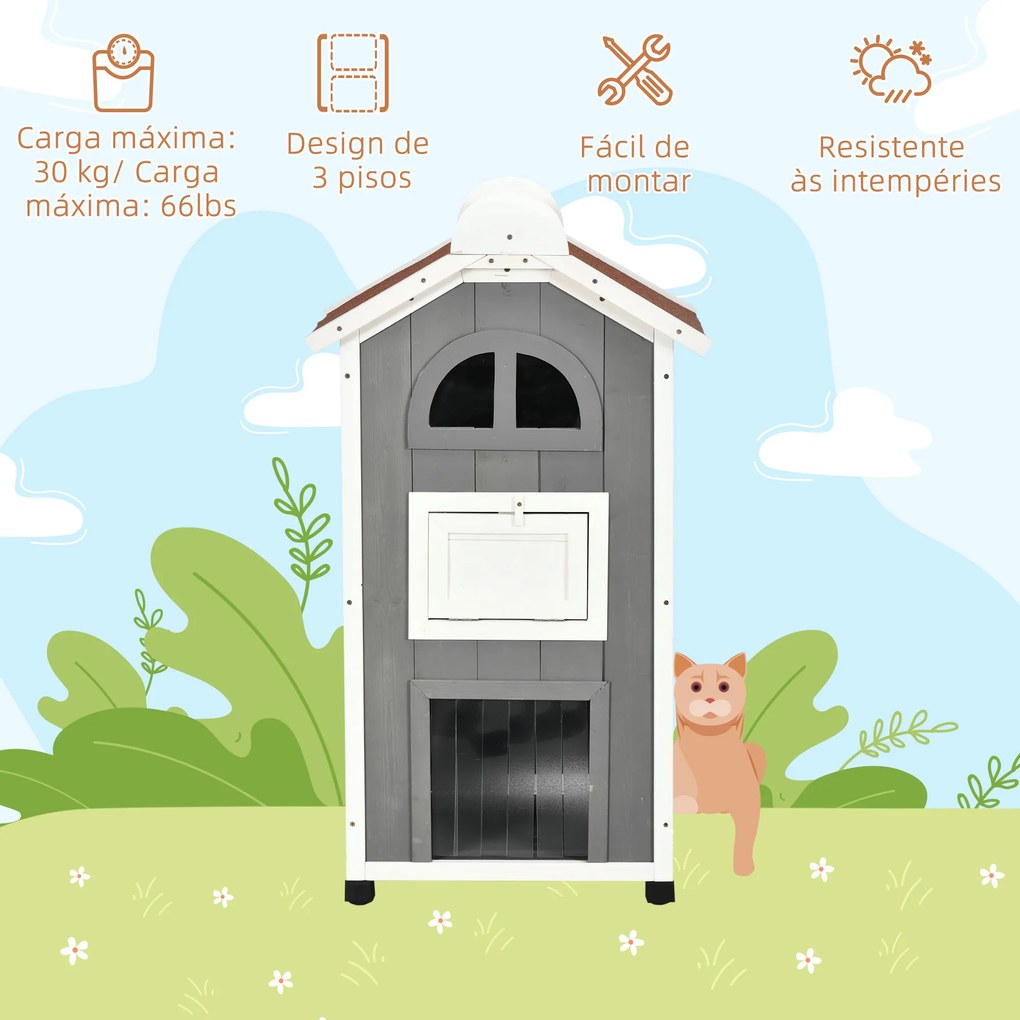 Casa para Gatos de Madeira 59x55x109 cm Abrigo para Gatos de 3 Níveis com Telhado Asfáltico Plataformas Escada e Varanda Cinza