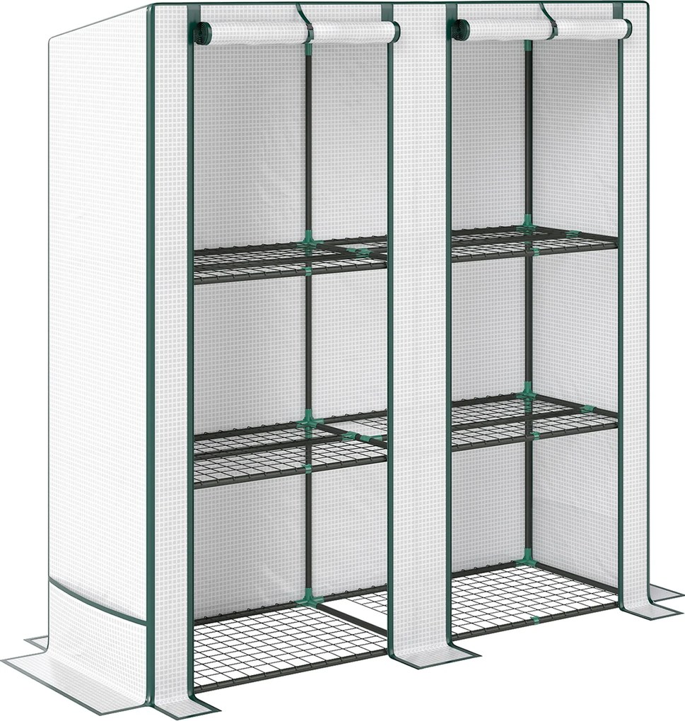 Outsunny Estufa de jardim com prateleiras metálicas de 3 níveis estufa de varanda cobertura PE telhado inclinado 144 x 48 x 152 cm branco | Aosom Portugal